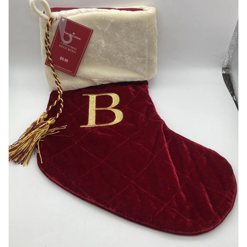Harvey Lewis Christmas Stocking Red Velvet Quilted "B" In Gold &Clear Stones